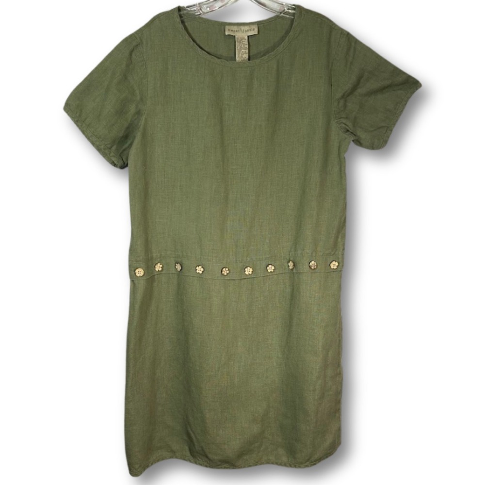 Sweet Jessie Sage Green‎ 100% Linen Short Sleeve Dress Wood Buttons L Beachy